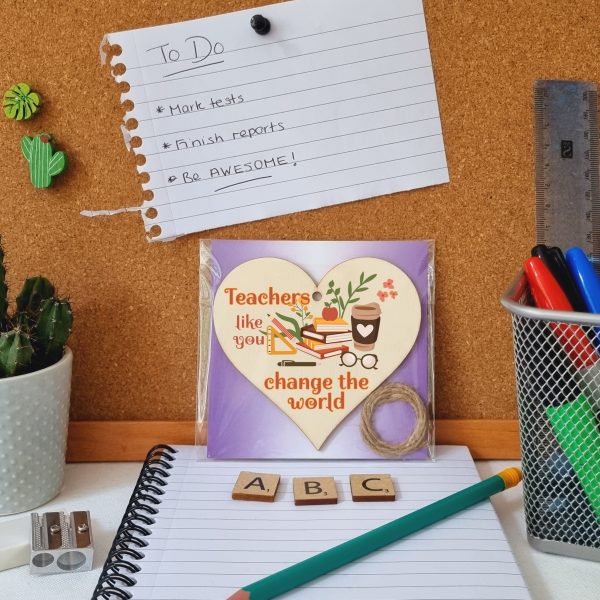 Teachers Change the World Thank You Hanging Heart Wooden Decoration End of Term Gift Card Alternative Teacher Online now