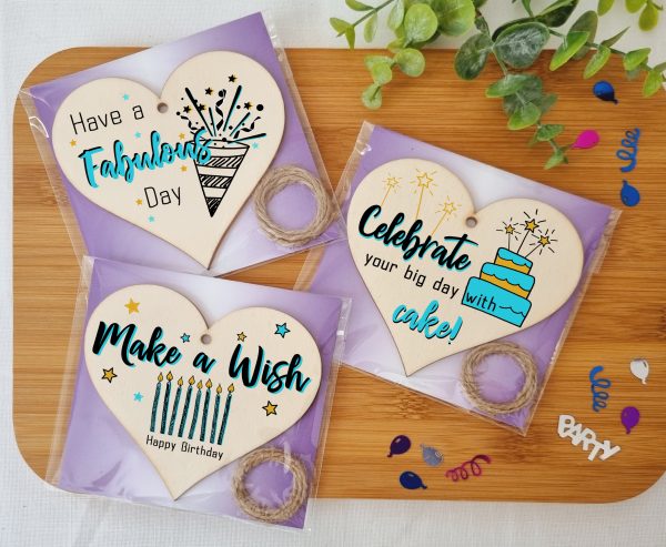 Set of 3 Hanging Decorations Wooden Hearts Happy Birthday Card Alternative | Celebrate in Style | Make a Wish | Have a Fabulous Day Fashion