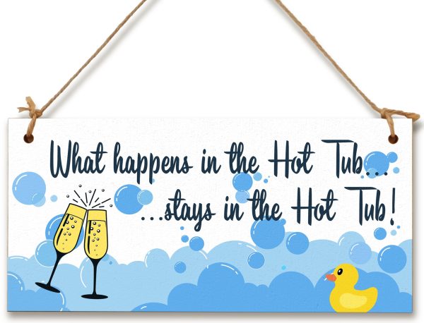 Handmade Wooden Hanging Wall Plaque What Happens in the Hot Tub Funny Novelty Sign Booze and Bubbles For Sale