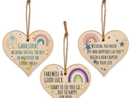 Set of 3 Hanging Decorations Wooden Hearts Leaving Card Gift Work Colleague | Farewell & Good Luck | Happiness & Joy New Chapter Supply