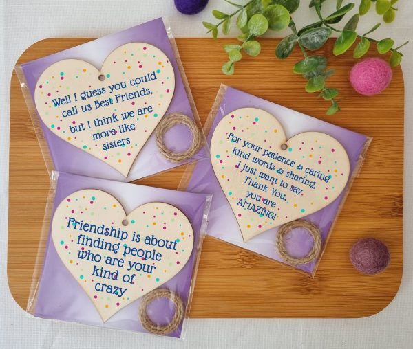 Set of 3 Hanging Decorations Wooden Hearts Friendship Gifts or BFF Besties | Caring & Kind | Your Kind of Crazy | More Like Sisters For Sale