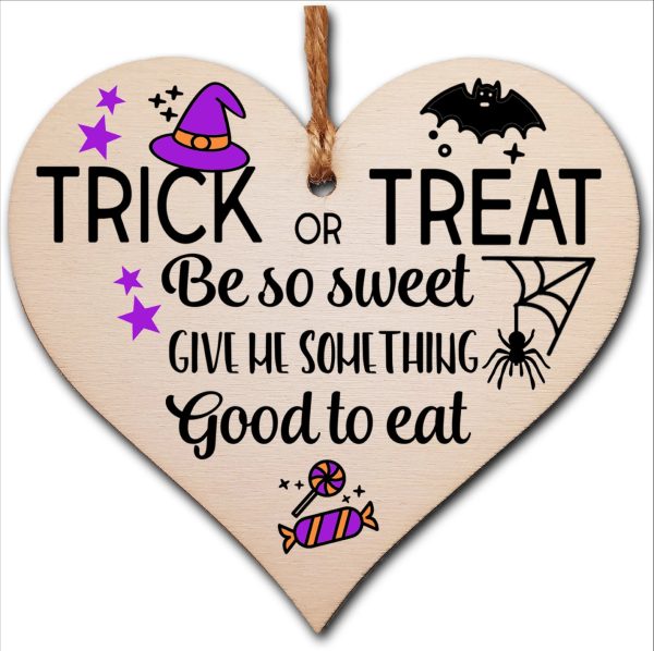 Trick or Treat Something Good To Eat Spooky Fun Halloween Hanging Heart Wooden Decoration Gift Card Alternative Sale