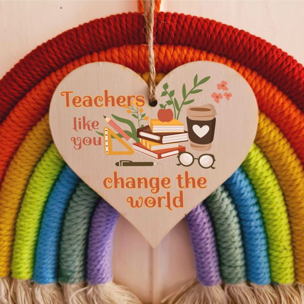 Teachers Change the World Thank You Hanging Heart Wooden Decoration End of Term Gift Card Alternative Teacher Online now