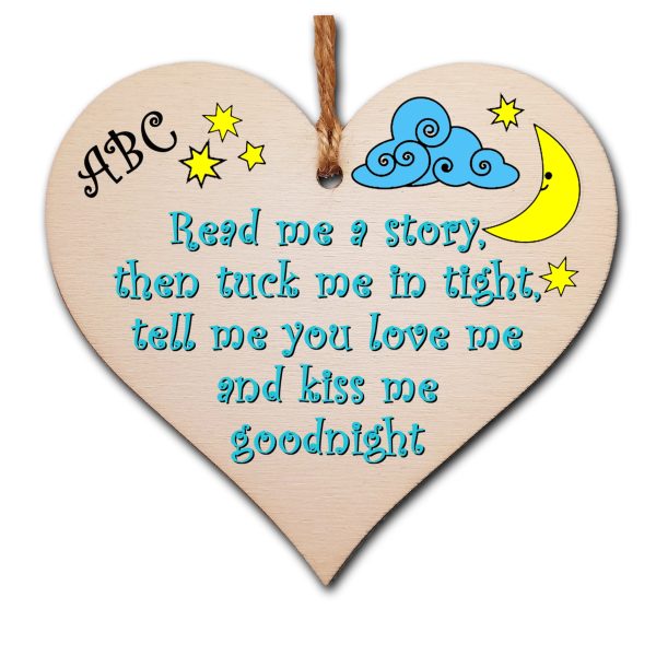 Handmade Wooden Hanging Heart Plaque Gift tell me you love me and kiss me goodnight new baby present nursery wall decoration new parents For Discount