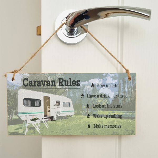 Handmade Wooden Hanging Wall Plaque Caravan Rules Stay Up Late Have a Drink Make Memories Fun Camping Adventure Sign Online Hot Sale