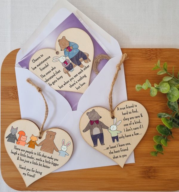 Set of 3 Hanging Decorations Wooden Hearts Friendship Gifts or BFF Besties | Laugh Louder | Low Maintenance Friends | One of a Kind Cheap