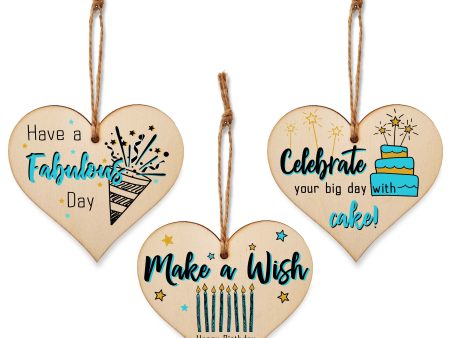 Set of 3 Hanging Decorations Wooden Hearts Happy Birthday Card Alternative | Celebrate in Style | Make a Wish | Have a Fabulous Day Fashion