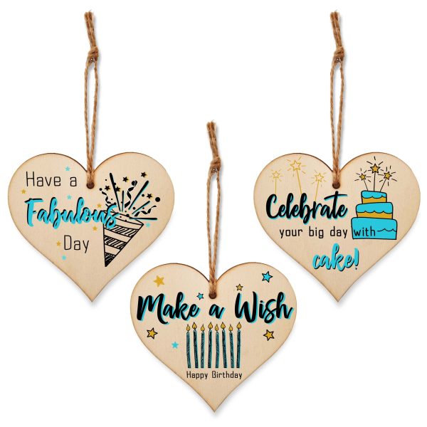 Set of 3 Hanging Decorations Wooden Hearts Happy Birthday Card Alternative | Celebrate in Style | Make a Wish | Have a Fabulous Day Fashion