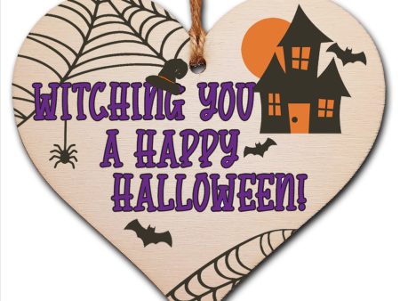 Witching You Happy Halloween Haunted House Spooky Fun Hanging Heart Wooden Decoration Gift Card Alternative Hot on Sale