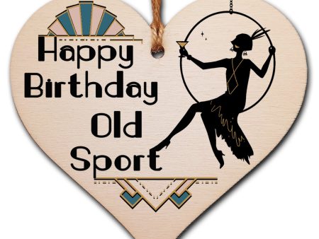 Happy Birthday Old Sport Art Deco Modern Style Funny Hanging Heart Wooden Decoration Gift Card Alternative Online Sale