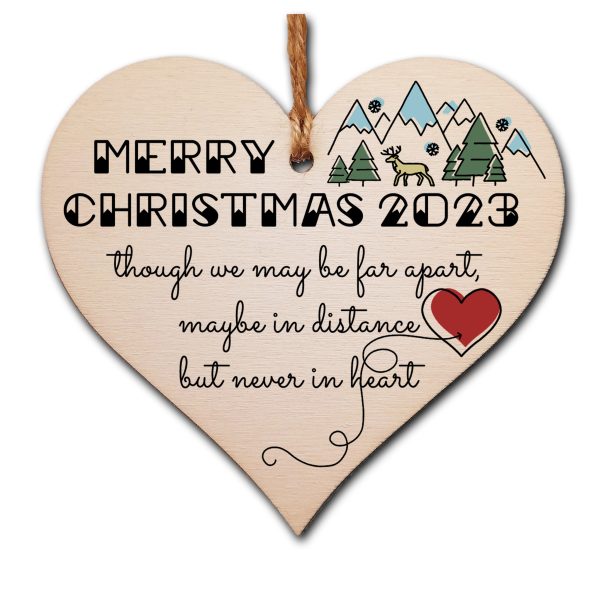 Handmade Wooden Hanging Heart Plaque Christmas Tree Bauble Though We May Be Far Apart 2022 Card Alternative Long Distance Family Friends Cheap