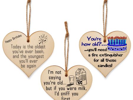 Set of 3 Hanging Decorations Wooden Hearts Funny Birthday Card Alternative | You re How Old? | If You Were Milk I d Sniff You 1st For Cheap