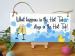 Handmade Wooden Hanging Wall Plaque What Happens in the Hot Tub Funny Novelty Sign Booze and Bubbles For Sale