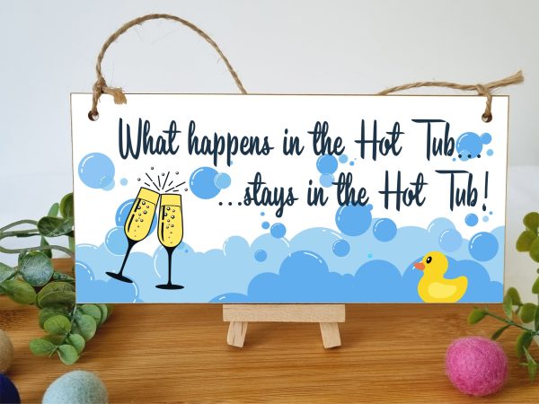 Handmade Wooden Hanging Wall Plaque What Happens in the Hot Tub Funny Novelty Sign Booze and Bubbles For Sale