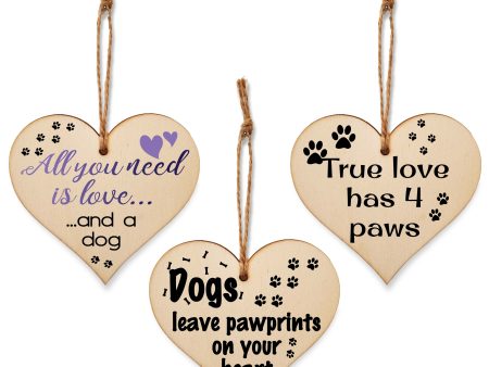 Set of 3 Hanging Decorations Wooden Hearts Dog Lover Sweet Gift | Dogs Leave Paw Prints on your Heart | True Love has 4 Paws Cheap