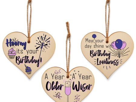 Set of 3 Hanging Decorations Wooden Hearts Happy Birthday Card Alternative | Day Shine with Loveliness | A Year Older & Wiser For Cheap