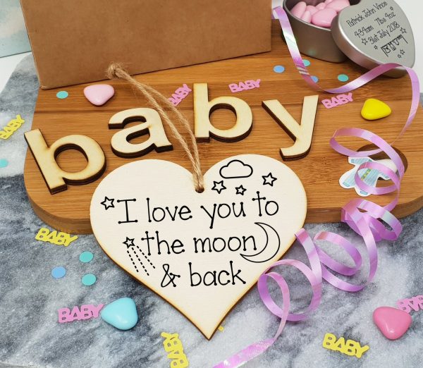 Handmade Wooden Hanging Heart Plaque Gift love you to the moon and back new baby present nursery wall decoration for new parents For Cheap