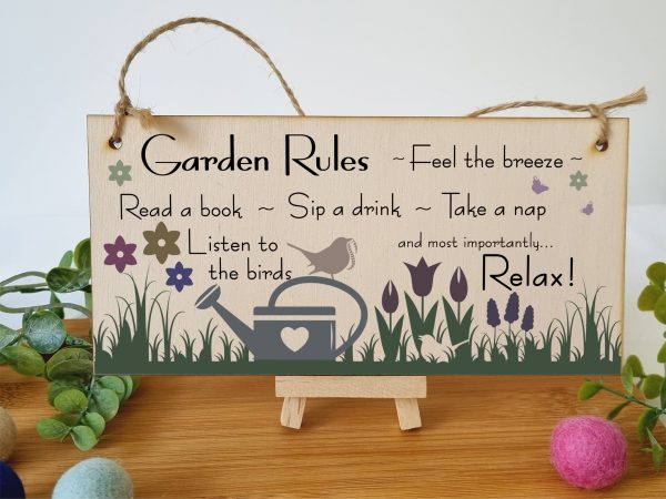 Handmade Wooden Hanging Wall Plaque Garden Rules Relax Feel the Breeze Take a Nap Pretty Sign for Gardeners Discount