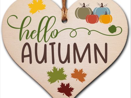 hello Autumn Seasonal Falling Leaves Pumpkin Decorative Hanging Heart Wooden Decoration Gift Card Alternative For Cheap