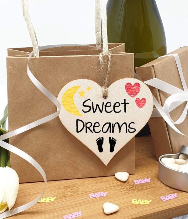 Handmade Wooden Hanging Heart Plaque Gift Sweet Dreams new baby present nursery wall decoration for new parents on Sale