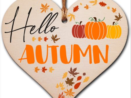 hello Autumn Seasonal Red Gold Falling Leaves Pumpkin Decorative Hanging Heart Wooden Decoration Gift Card Alternative Online now