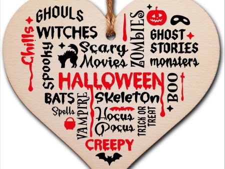 Scary Halloween Ghosts Monsters Spooky Fun Word Art Hanging Heart Wooden Decoration Gift Card Alternative on Sale