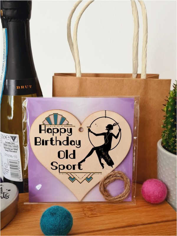 Happy Birthday Old Sport Art Deco Modern Style Funny Hanging Heart Wooden Decoration Gift Card Alternative Online Sale