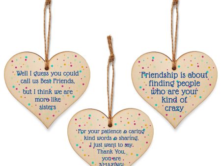 Set of 3 Hanging Decorations Wooden Hearts Friendship Gifts or BFF Besties | Caring & Kind | Your Kind of Crazy | More Like Sisters For Sale