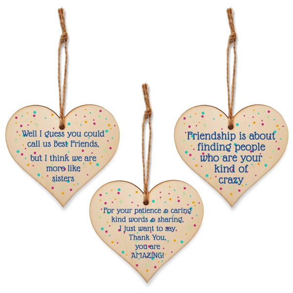 Set of 3 Hanging Decorations Wooden Hearts Friendship Gifts or BFF Besties | Caring & Kind | Your Kind of Crazy | More Like Sisters For Sale