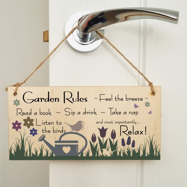 Handmade Wooden Hanging Wall Plaque Garden Rules Relax Feel the Breeze Take a Nap Pretty Sign for Gardeners Discount