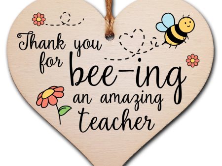 Thank You for Being Amazing Teacher Fun Bee Design Hanging Heart Wooden Decoration End of Term Gift Card Alternative Sale