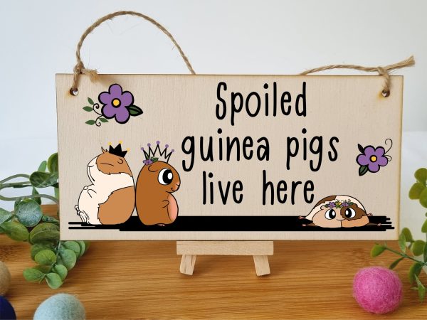 Handmade Wooden Hanging Wall Plaque Spoiled Guinea Pigs Live Here Pet Lover Mum Dad Cute Gift Sign on Sale