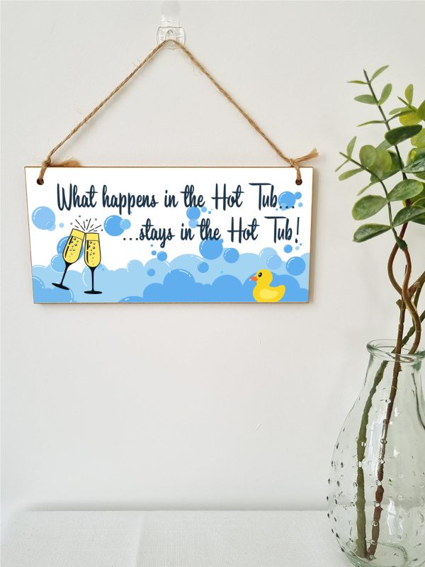 Handmade Wooden Hanging Wall Plaque What Happens in the Hot Tub Funny Novelty Sign Booze and Bubbles For Sale