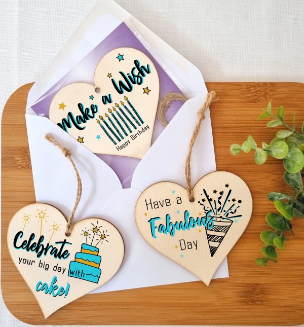 Set of 3 Hanging Decorations Wooden Hearts Happy Birthday Card Alternative | Celebrate in Style | Make a Wish | Have a Fabulous Day Fashion