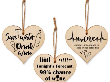 Set of 3 Hanging Decorations Wooden Hearts Funny Wine Bottle Tag Gifts | Save Water Drink Wine | Don t Keep Things Bottled Up Supply