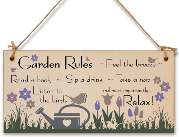 Handmade Wooden Hanging Wall Plaque Garden Rules Relax Feel the Breeze Take a Nap Pretty Sign for Gardeners Discount