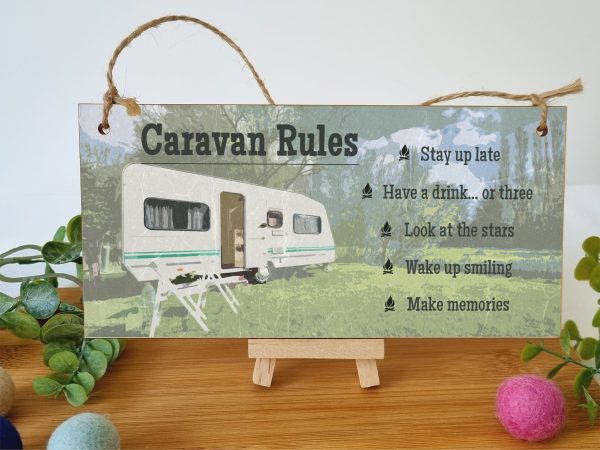 Handmade Wooden Hanging Wall Plaque Caravan Rules Stay Up Late Have a Drink Make Memories Fun Camping Adventure Sign Online Hot Sale