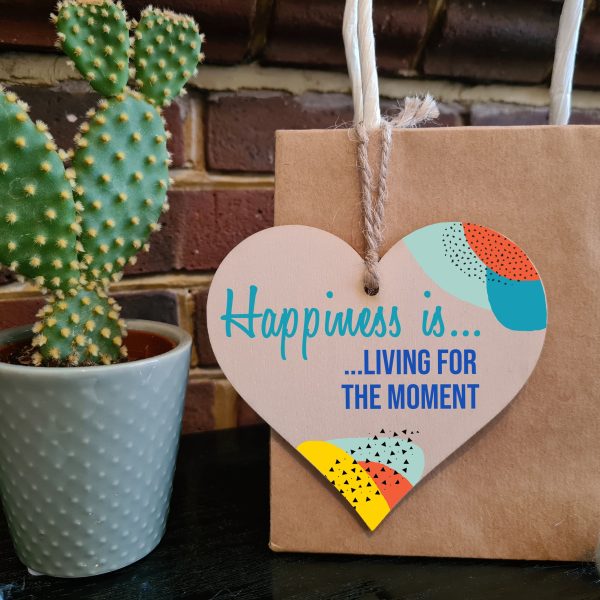 Handmade Wooden Hanging Heart Plaque Gift Happiness is Living for the Moment Inspirational Wall Hanger Card Alternative Friendship Family on Sale