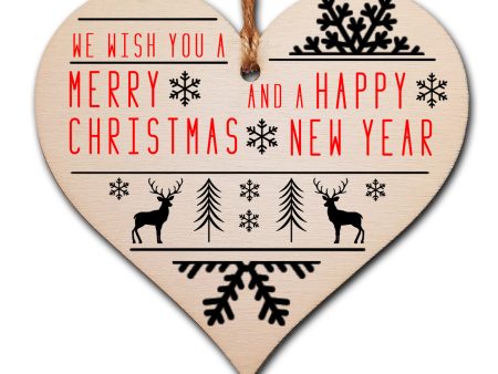 Handmade Christmas Hanging Wooden Heart Plaque Decoration Gift or Tag to wish someone special a merry xmas Stag and Snowflake monochrome design festive bauble Hot on Sale