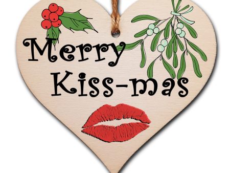 Handmade Christmas Hanging Wooden Heart Plaque Decoration Gift Merry Kiss-mas perfect for your Boyfriend or Girlfriend Romantic festive bauble or tag Sale