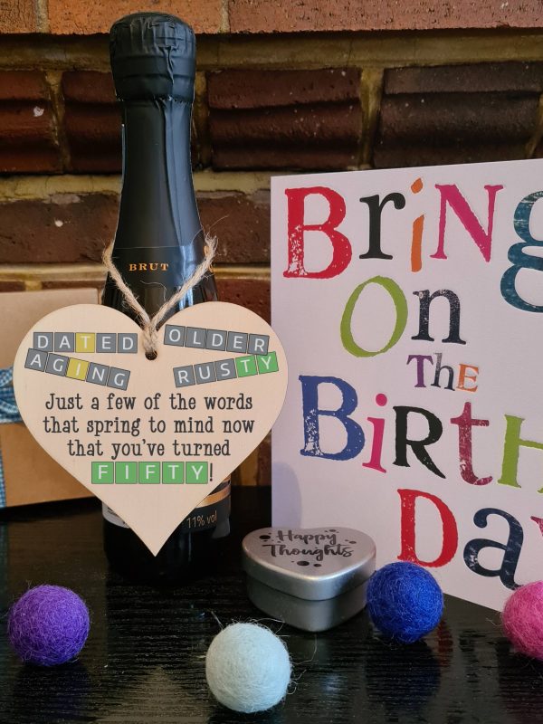 Handmade Wooden Hanging Heart Plaque Gift Happy Birthday Fifty Funny Wordle Just a few words that spring to mind Sale