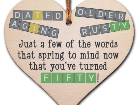 Handmade Wooden Hanging Heart Plaque Gift Happy Birthday Fifty Funny Wordle Just a few words that spring to mind Sale