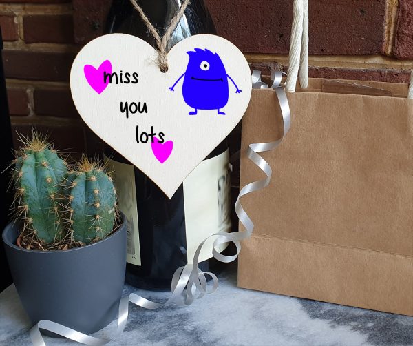 Handmade Wooden Hanging Heart Plaque Gift miss you lots funny novelty wall hanger cute monster kids design for long distance family friends grandparents For Discount