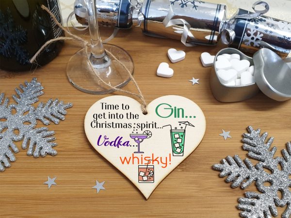 Handmade Christmas Hanging Wooden Heart Plaque Decoration Gift Christmas Spirit perfect for gin vodka whisky lovers novelty boozy xmas festive bauble Online now