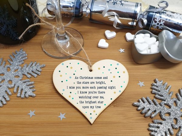 Handmade Wooden Hanging Heart Plaque Gift Christmas Comes Miss You Brightest Star Bereavement In Memory Keepsake Wall Hanger Hot on Sale