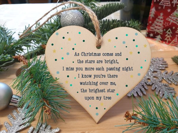 Handmade Wooden Hanging Heart Plaque Gift Christmas Comes Miss You Brightest Star Bereavement In Memory Keepsake Wall Hanger Hot on Sale