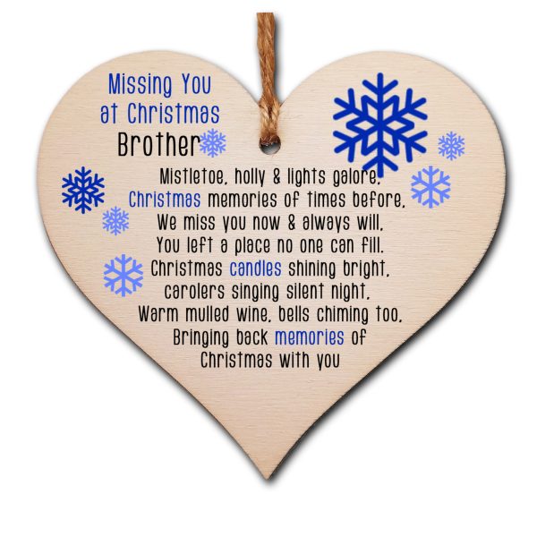 Handmade Wooden Christmas Hanging Heart Plaque Gift Missing you at Xmas Brother sentimental rememberance present tree decoration snowflake lost loved ones Supply