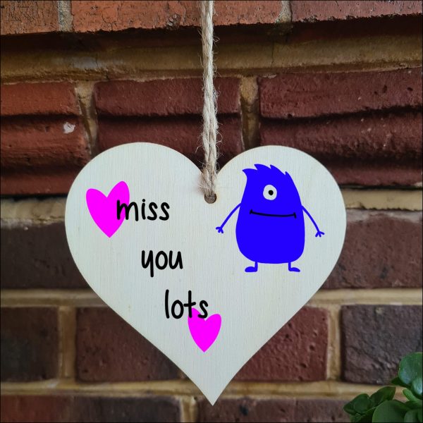 Handmade Wooden Hanging Heart Plaque Gift miss you lots funny novelty wall hanger cute monster kids design for long distance family friends grandparents For Discount