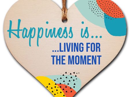 Handmade Wooden Hanging Heart Plaque Gift Happiness is Living for the Moment Inspirational Wall Hanger Card Alternative Friendship Family on Sale