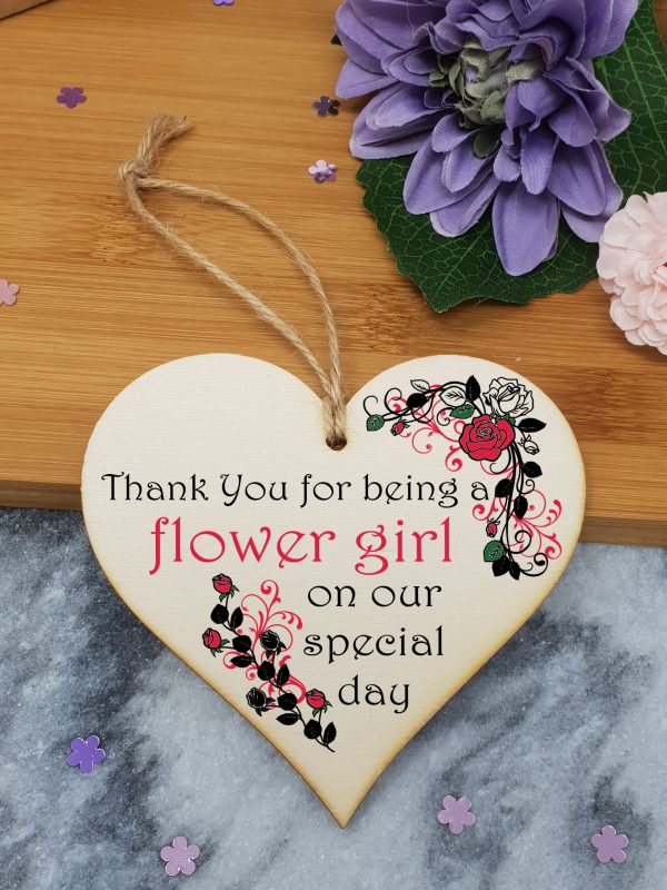 Handmade Wooden Hanging Heart Plaque Gift Thank You for Being My Flower Girl Wedding Novelty Keepsake Supply